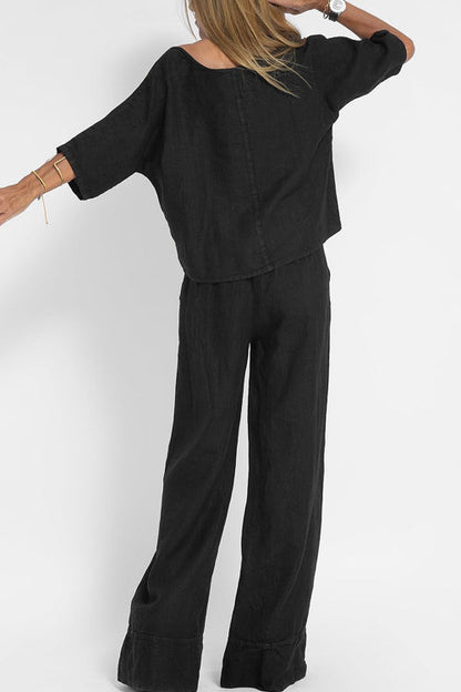 Dames Tweedelige Set Cropped Top met Ronde Hals en Wijde Broek