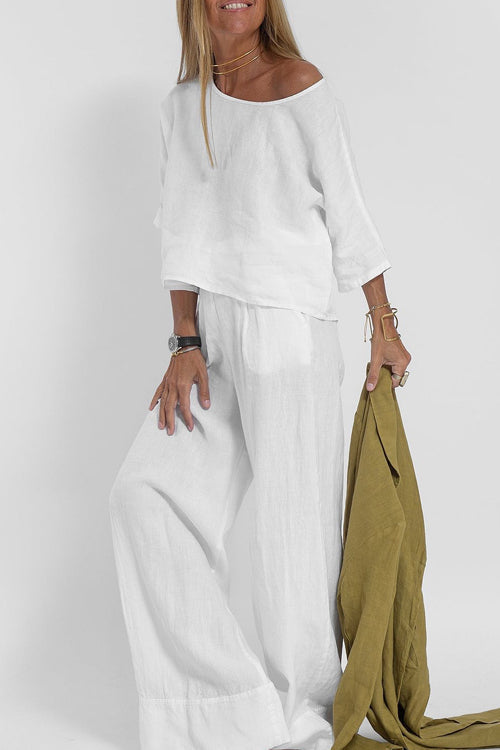 Dames Tweedelige Set Cropped Top met Ronde Hals en Wijde Broek
