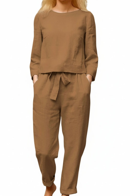 Dames Tweedelige Set Linnen Look met Riem en Lange Mouwen