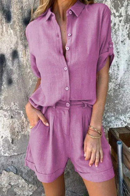 Dames Tweedelige Set met Blouse en Shorts, Knoopsluiting en Oprolbare Mouwen