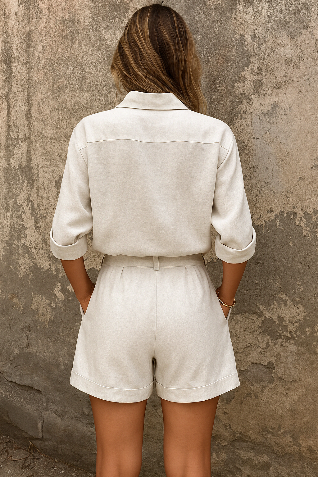 Dames Tweedelige Set met Blouse en Shorts, Knoopsluiting en Oprolbare Mouwen