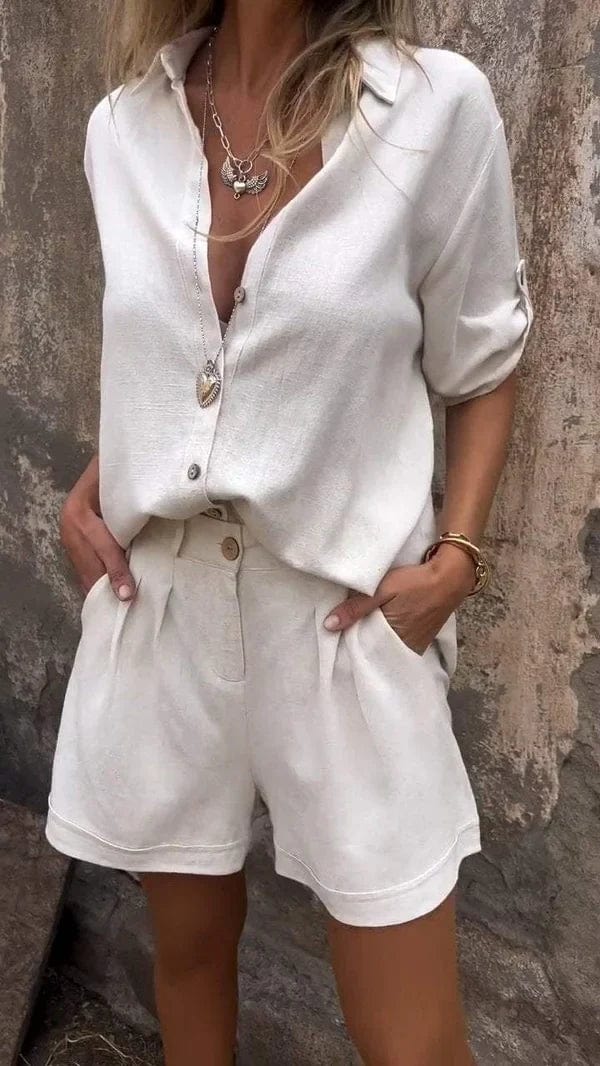Dames Tweedelige Set met Blouse en Shorts, Knoopsluiting en Oprolbare Mouwen