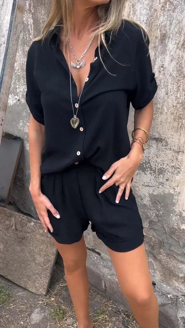 Dames Tweedelige Set met Blouse en Shorts, Knoopsluiting en Oprolbare Mouwen