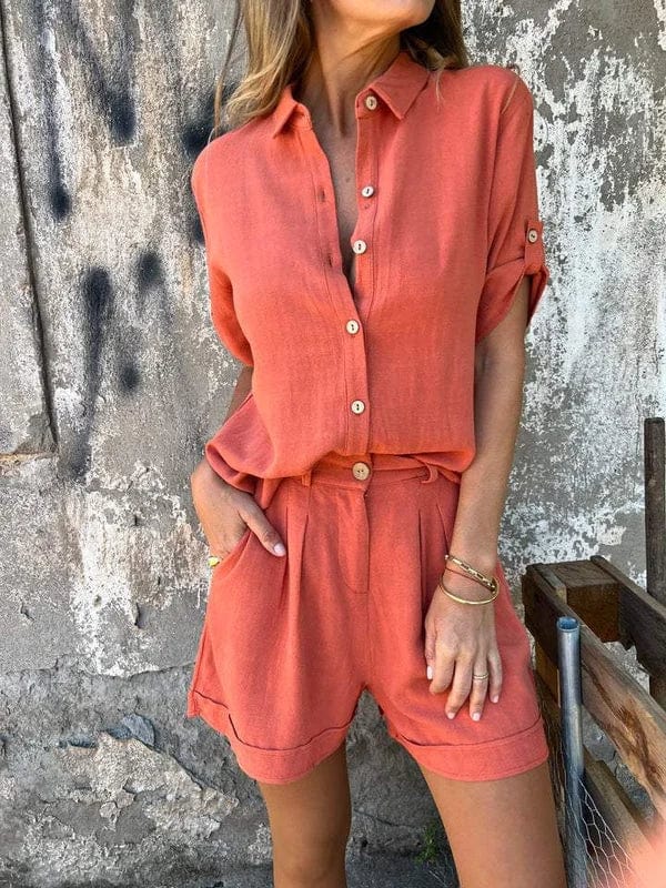 Dames Tweedelige Set met Blouse en Shorts, Knoopsluiting en Oprolbare Mouwen