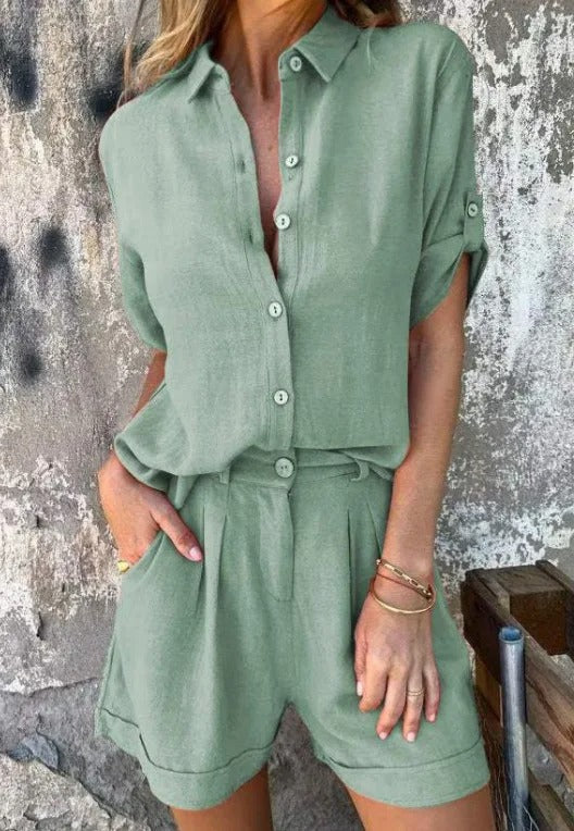 Dames Tweedelige Set met Blouse en Shorts, Knoopsluiting en Oprolbare Mouwen