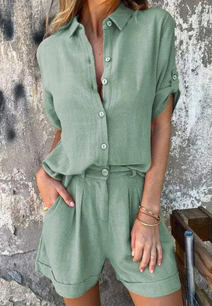 Dames Tweedelige Set met Blouse en Shorts, Knoopsluiting en Oprolbare Mouwen