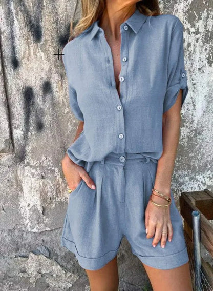 Dames Tweedelige Set met Blouse en Shorts, Knoopsluiting en Oprolbare Mouwen
