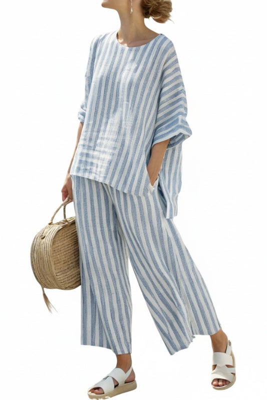 Dames Tweedelige Set met Gestreepte Oversized Top en Wijde Broek
