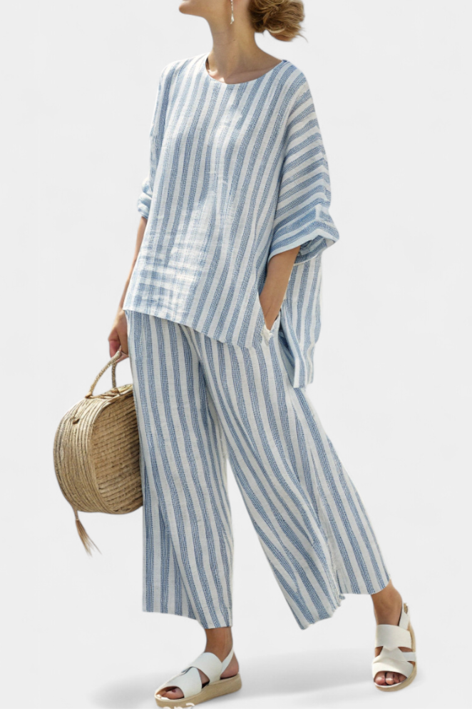 Dames Tweedelige Set met Gestreepte Oversized Top en Wijde Broek
