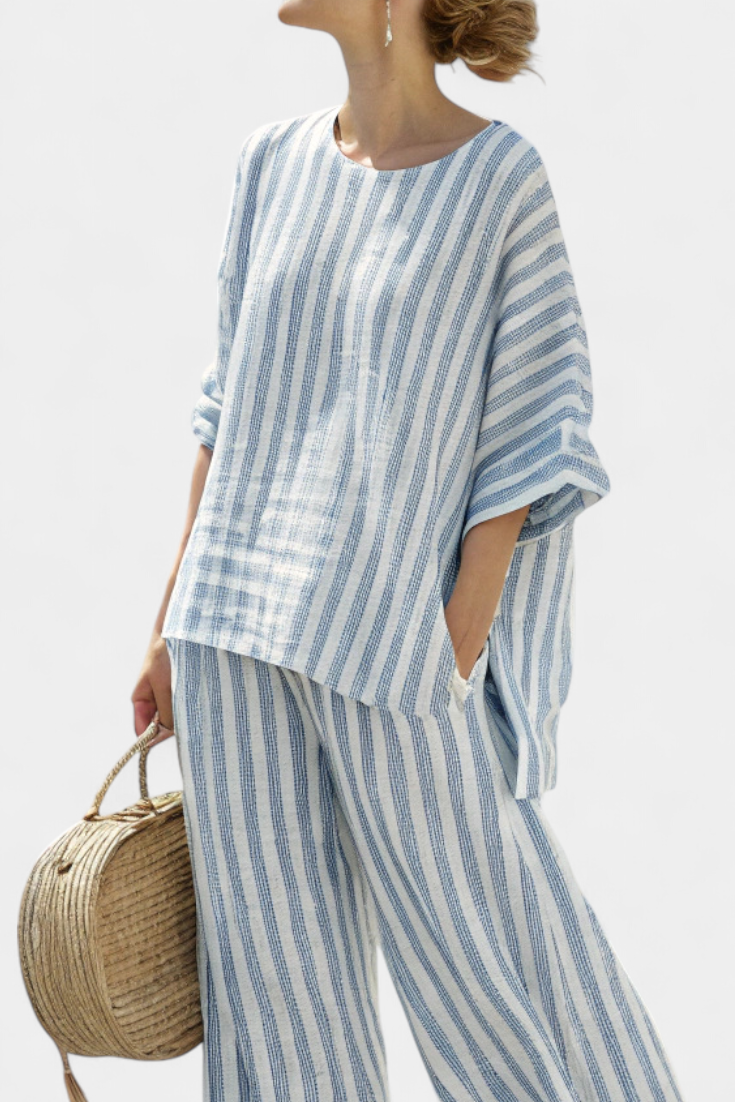 Dames Tweedelige Set met Gestreepte Oversized Top en Wijde Broek