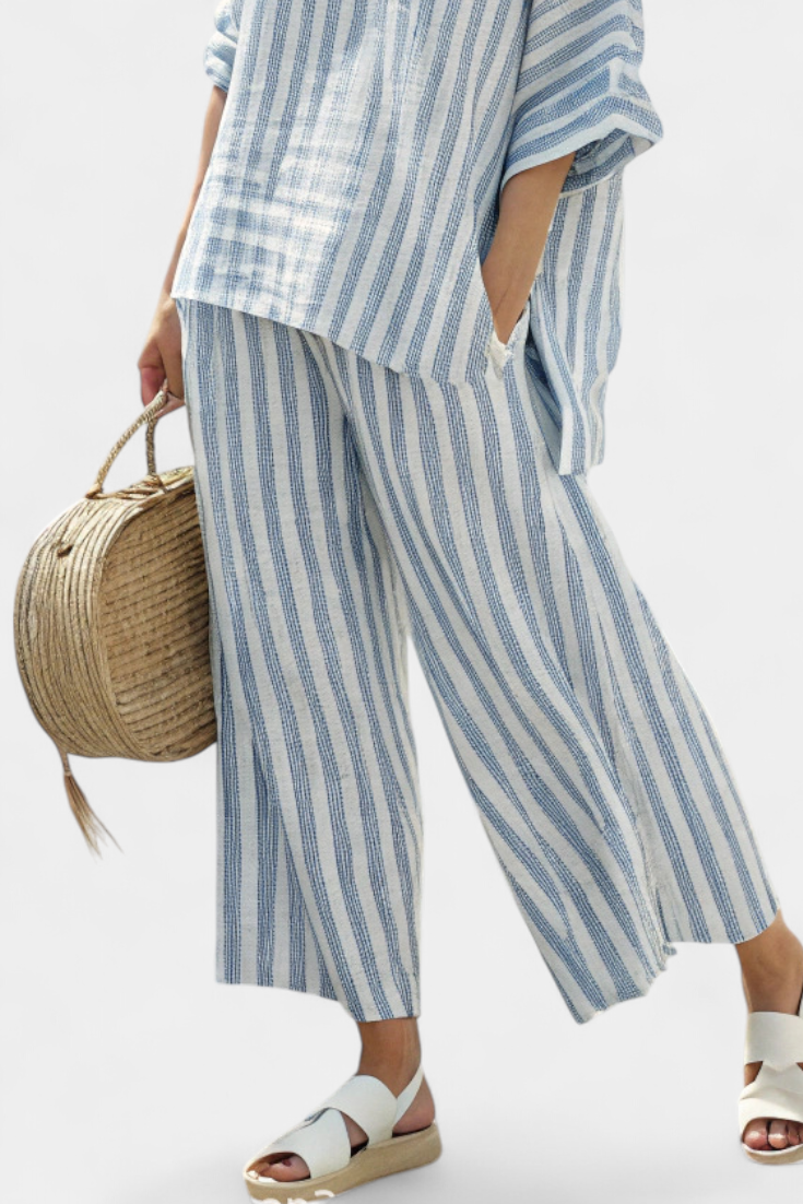 Dames Tweedelige Set met Gestreepte Oversized Top en Wijde Broek