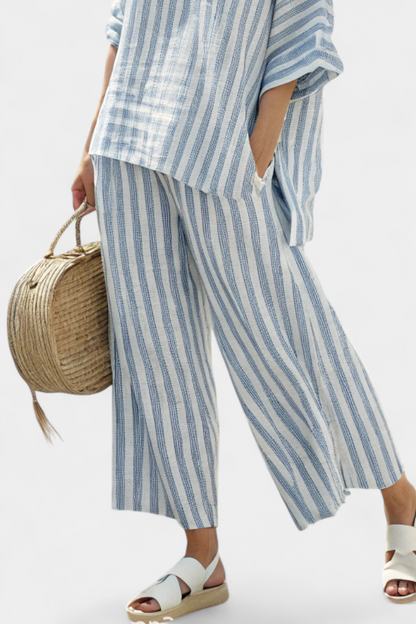 Dames Tweedelige Set met Gestreepte Oversized Top en Wijde Broek