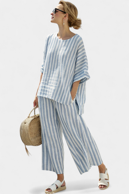 Dames Tweedelige Set met Gestreepte Oversized Top en Wijde Broek Blauw Wit Streep