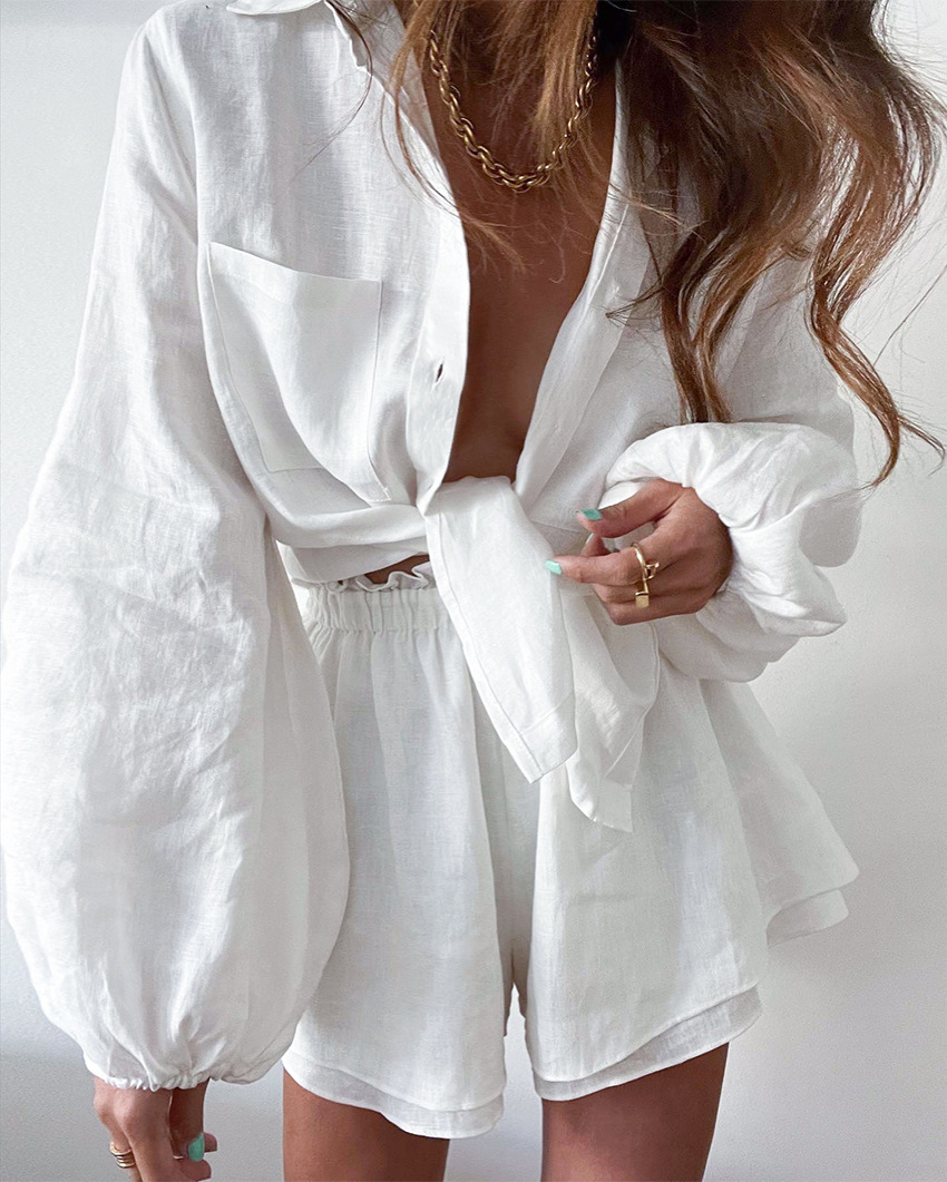 Dames Tweedelige Set met Lange Mouw Blouse en Shorts Wit