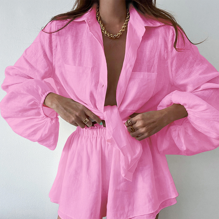 Dames Tweedelige Set met Lange Mouw Blouse en Shorts Roze