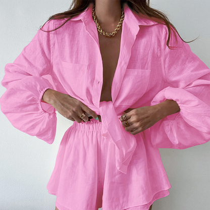 Dames Tweedelige Set met Lange Mouw Blouse en Shorts Roze