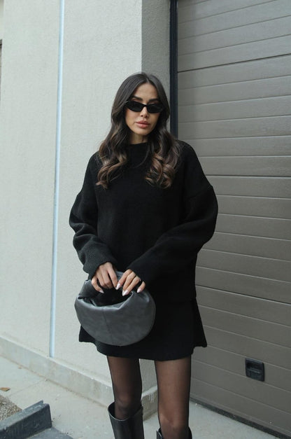 Dames Tweedelige Set met Oversized Trui en Korte Rok Zwart