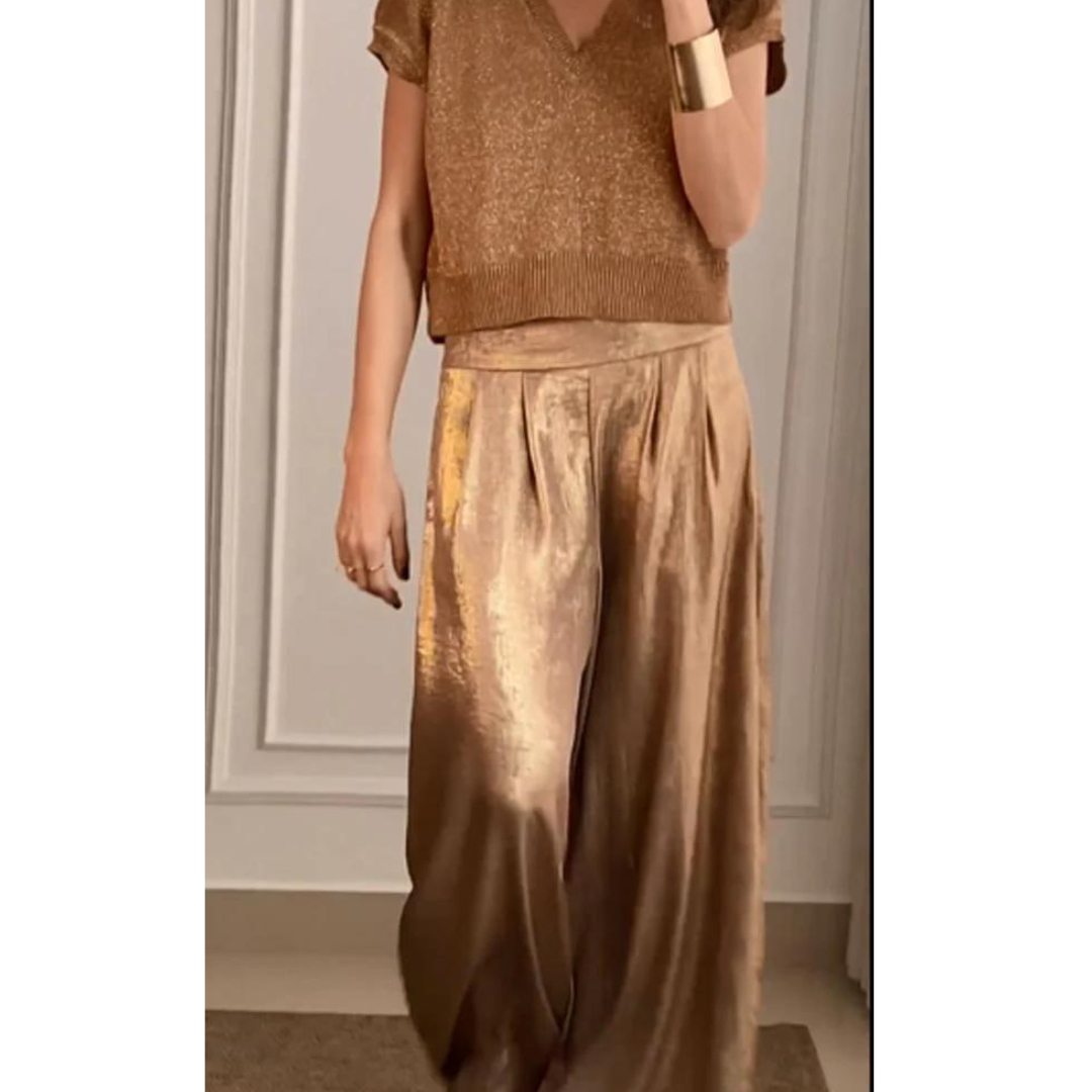 Dames Wijde Broek met Hoge Taille en Plooien Goud