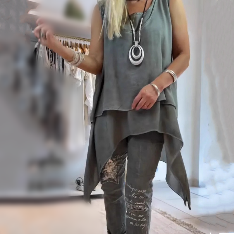 Dames Tweedelige Set Mouwloze Top met Asymmetrische Zoom en Bedrukte Broek Grijs