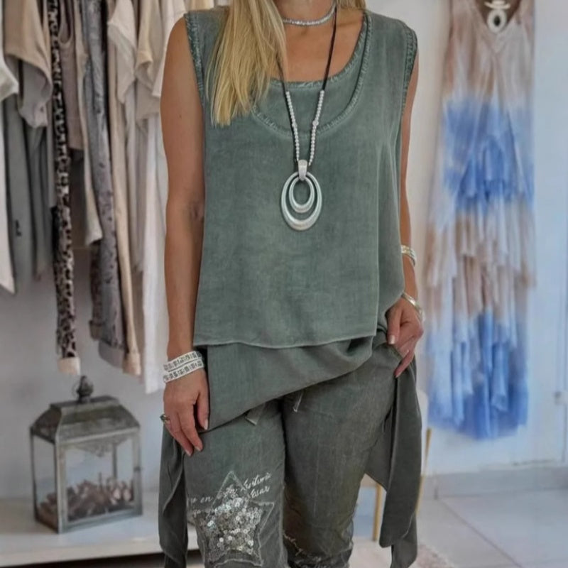 Dames Tweedelige Set Mouwloze Top met Asymmetrische Zoom en Bedrukte Broek