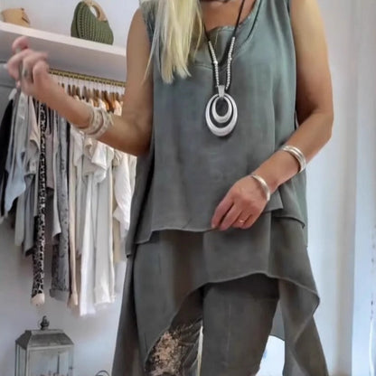 Dames Tweedelige Set Mouwloze Top met Asymmetrische Zoom en Bedrukte Broek