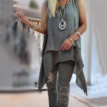 Dames Tweedelige Set Mouwloze Top met Asymmetrische Zoom en Bedrukte Broek
