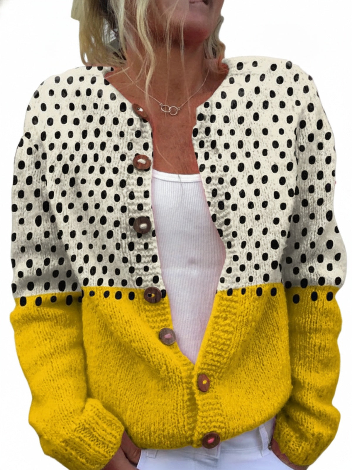 Dames Tweekleurige Cardigan met Stippenprint en Houten Knopen