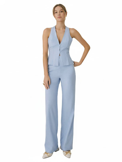 Dames Vest en Broek Set met V-hals en Wijde Pijpen Mouwloos