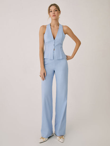 Dames Vest en Broek Set met V-hals en Wijde Pijpen Mouwloos