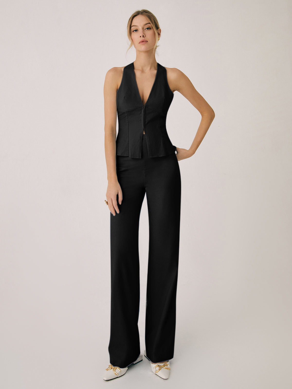 Dames Vest en Broek Set met V-hals en Wijde Pijpen Mouwloos Zwart