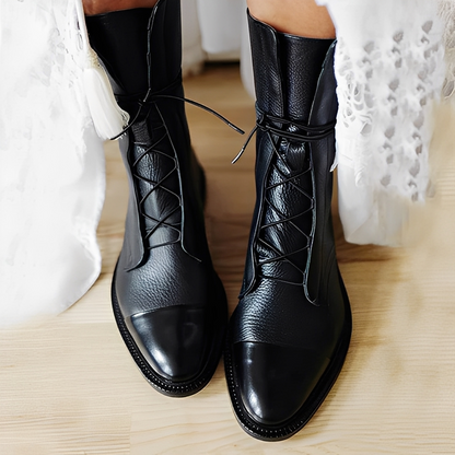 Dames Veterboots met Ronde Neus en Neuskap Zwart