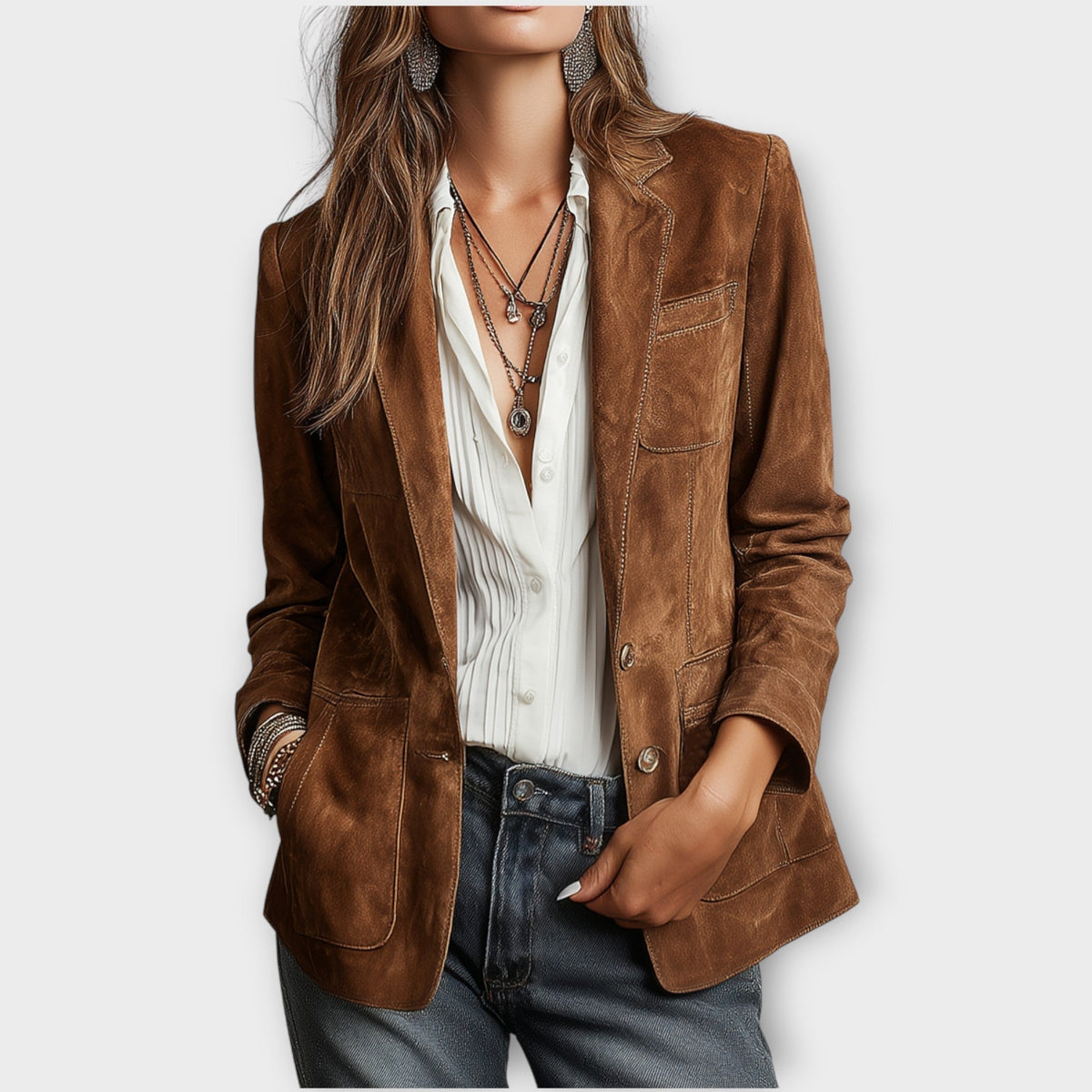 Dames Vintage Blazer met Voorknopen en Opgestikte Zakken