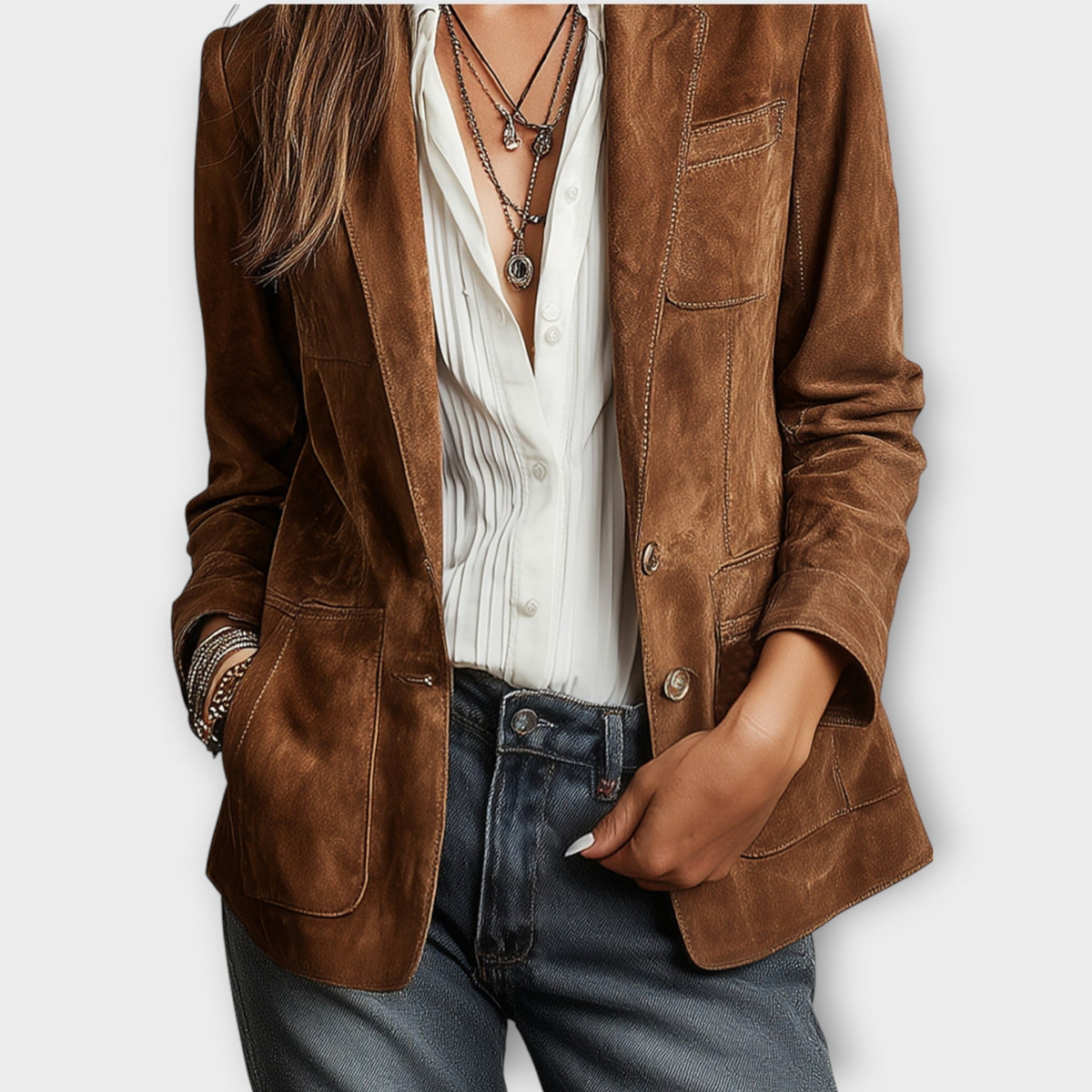 Dames Vintage Blazer met Voorknopen en Opgestikte Zakken