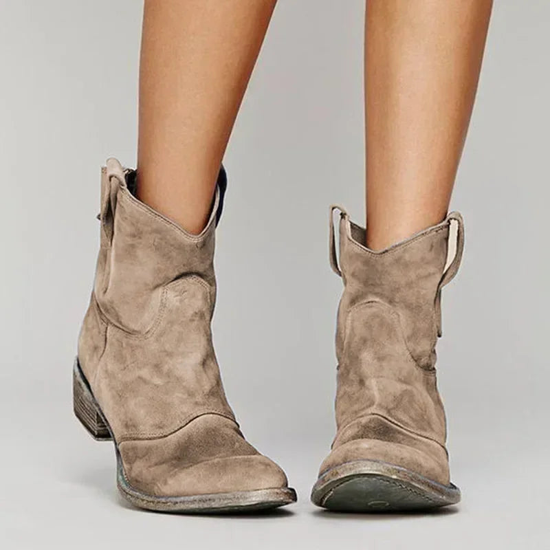 Dames Vintage Cowboy Enkellaarzen met Lage Hak en Treklussen Taupe