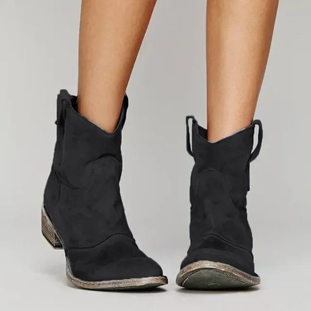 Dames Vintage Cowboy Enkellaarzen met Lage Hak en Treklussen Zwart