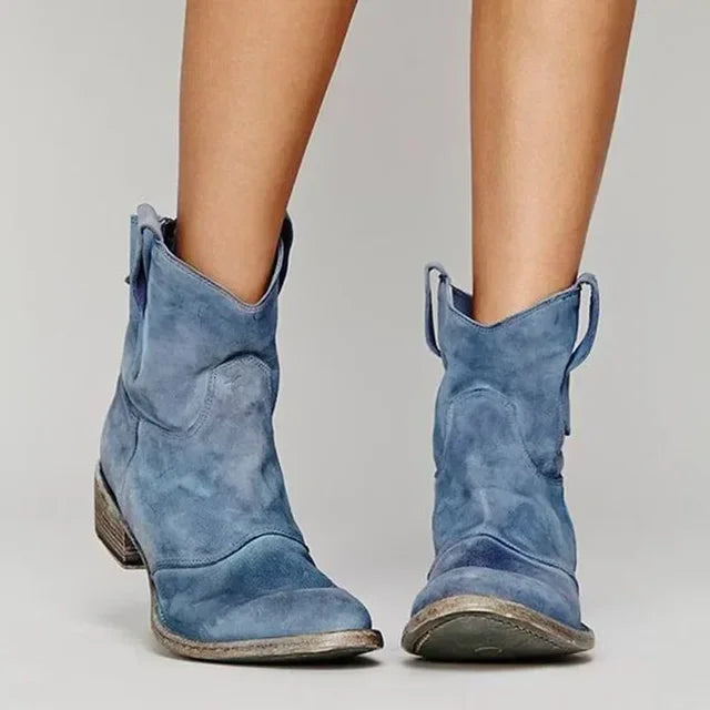 Dames Vintage Cowboy Enkellaarzen met Lage Hak en Treklussen Blauw