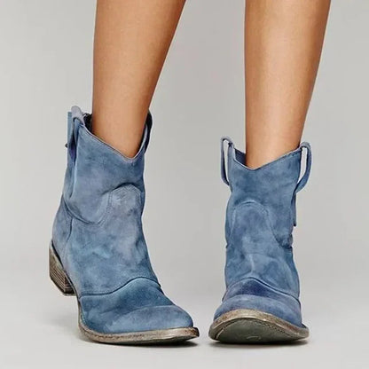 Dames Vintage Cowboy Enkellaarzen met Lage Hak en Treklussen Blauw