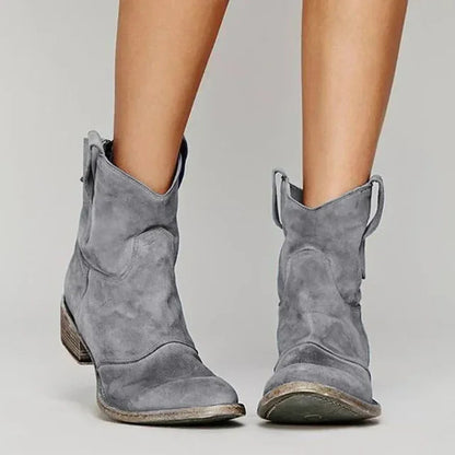 Dames Vintage Cowboy Enkellaarzen met Lage Hak en Treklussen Grijs