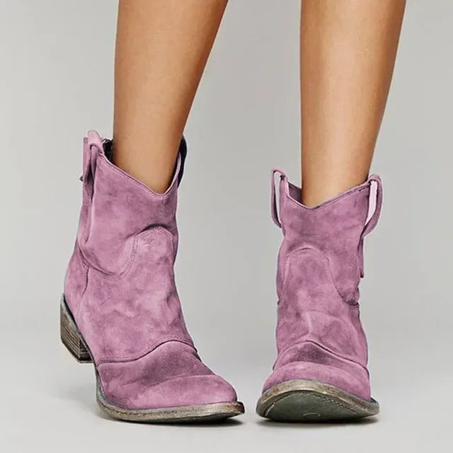 Dames Vintage Cowboy Enkellaarzen met Lage Hak en Treklussen Roze