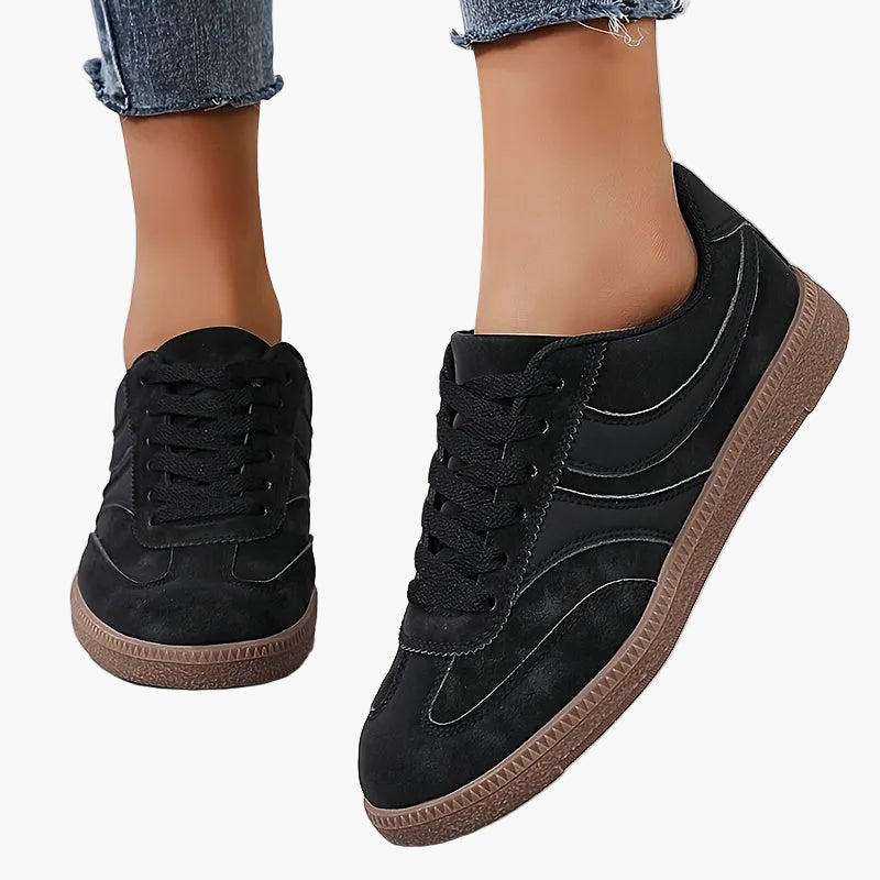 Dames Vintage Sneakers met Vetersluiting en Ronde Neus Zwart