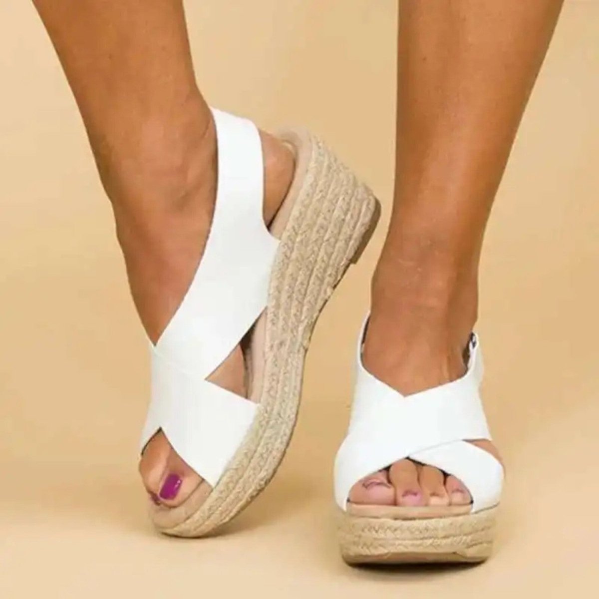 Dames Wedge Sandalen met Gekruiste Banden en Espadrille Zool Wit