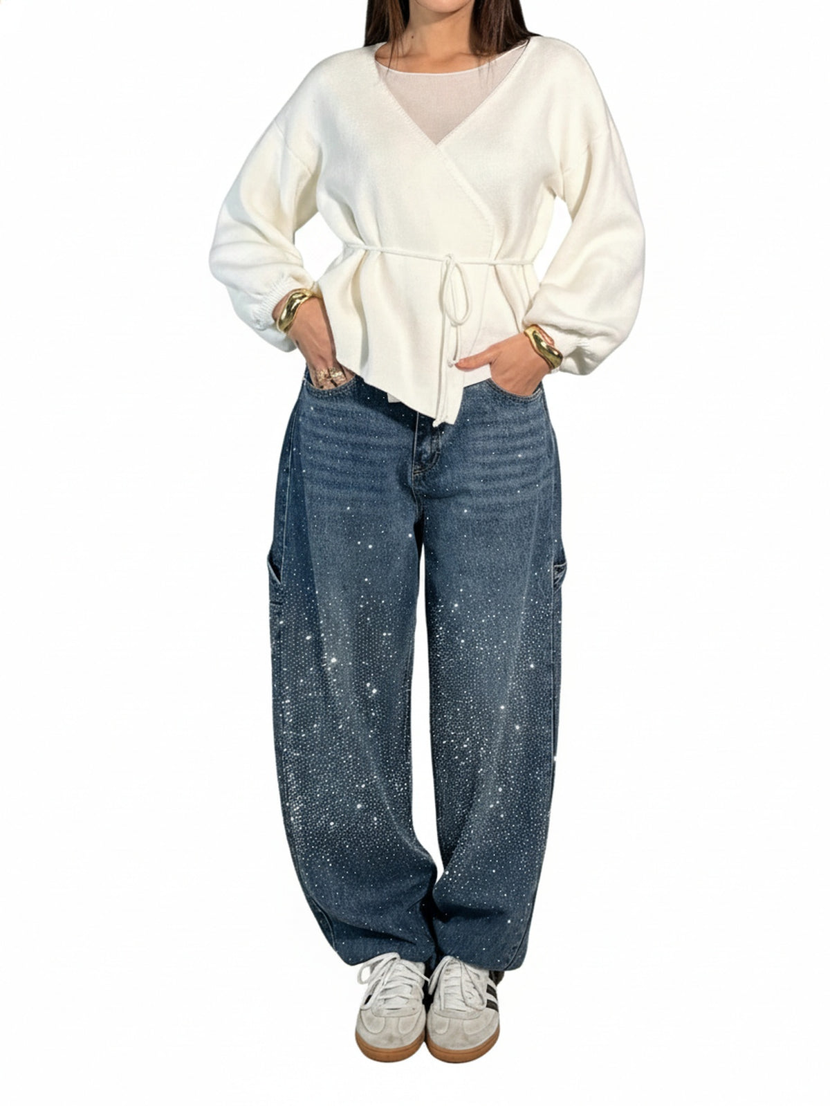 Dames Wide Leg Jeans met Strass en Carpenter Zakken