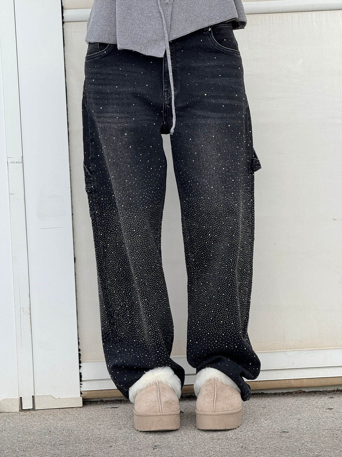 Dames Wide Leg Jeans met Strass en Carpenter Zakken Zwart