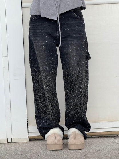 Dames Wide Leg Jeans met Strass en Carpenter Zakken Zwart