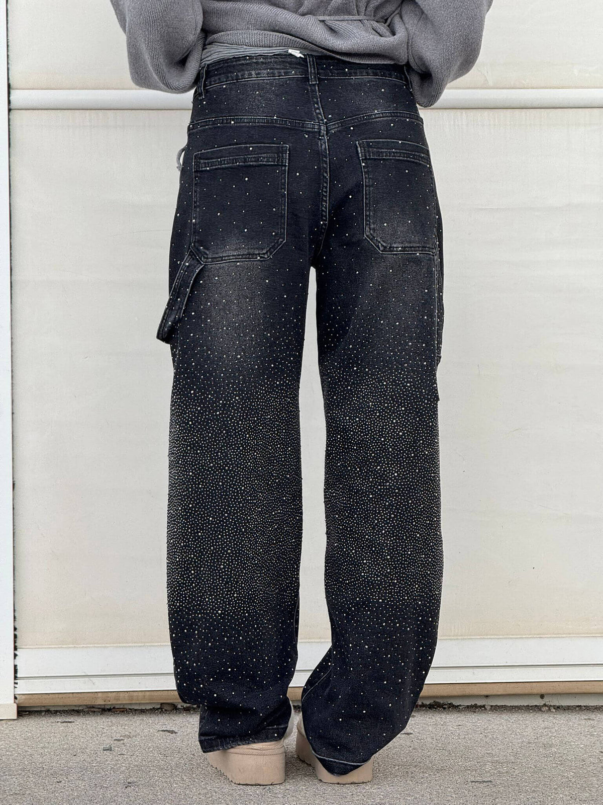 Dames Wide Leg Jeans met Strass en Carpenter Zakken