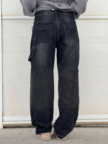 Dames Wide Leg Jeans met Strass en Carpenter Zakken