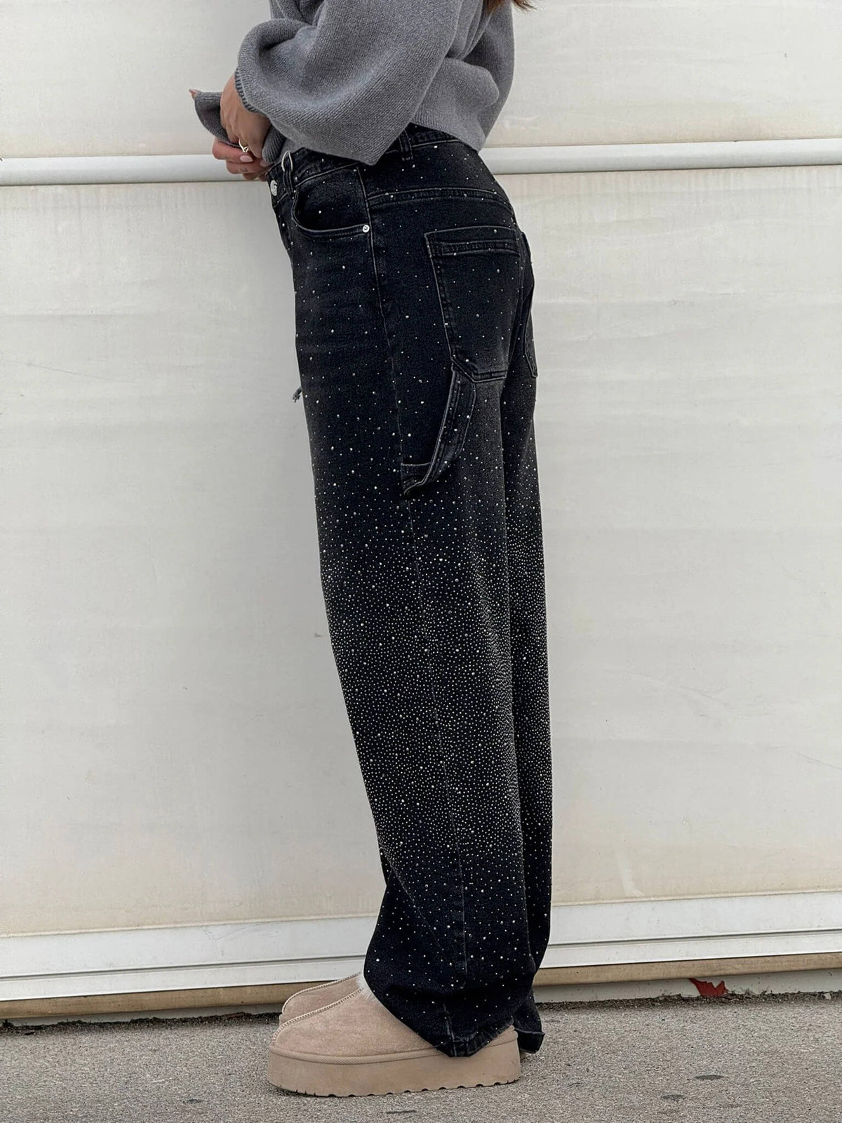 Dames Wide Leg Jeans met Strass en Carpenter Zakken