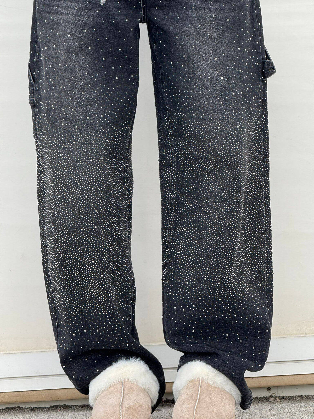 Dames Wide Leg Jeans met Strass en Carpenter Zakken