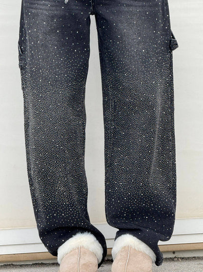 Dames Wide Leg Jeans met Strass en Carpenter Zakken