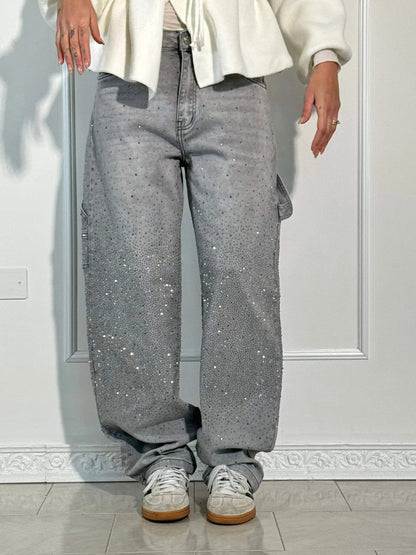 Dames Wide Leg Jeans met Strass en Carpenter Zakken